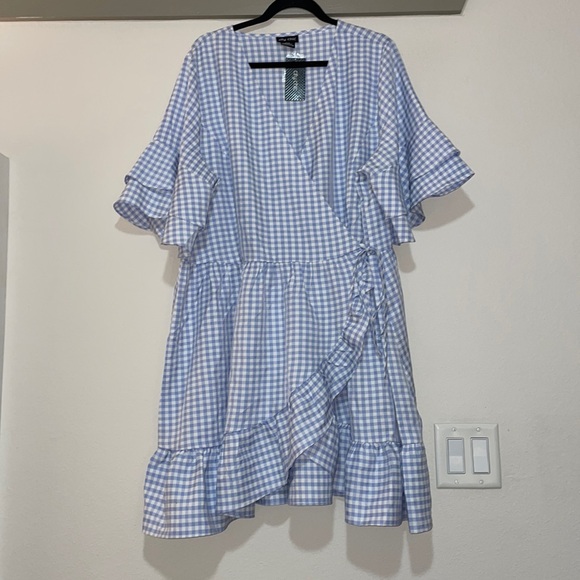 City Chic Gingham Wrap Mini Dress in Sky Gingham SZ 18 NWT - Picture 3 of 7